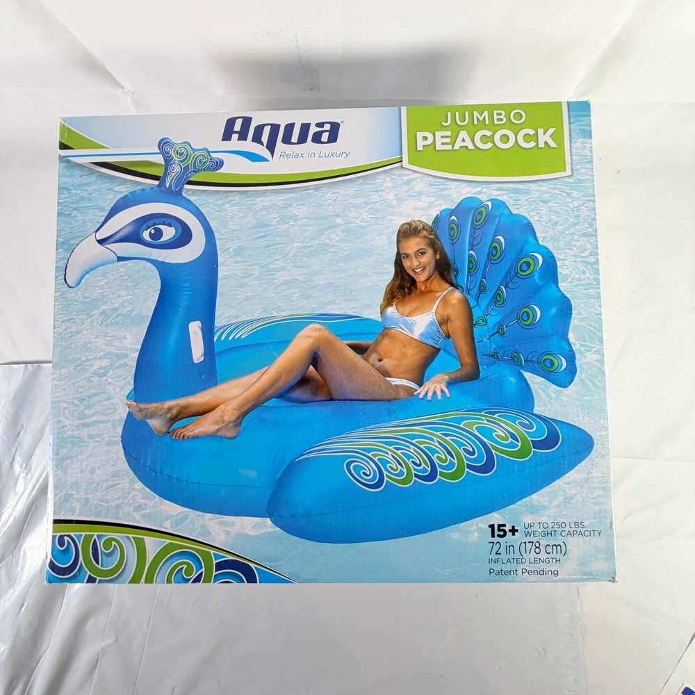 Aqua Leisure Jumbo Peacock Inflatable‎ Pool Float 72" Ride-On Lounger Blue New